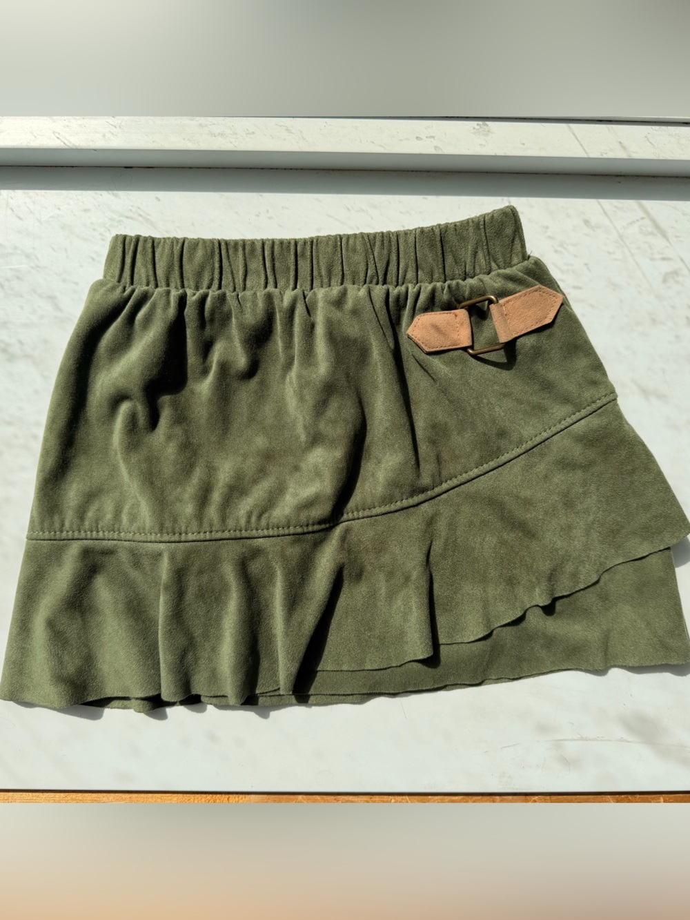 Little Lass Olive Green Ruffled Mini Skirt with Tan Buckle